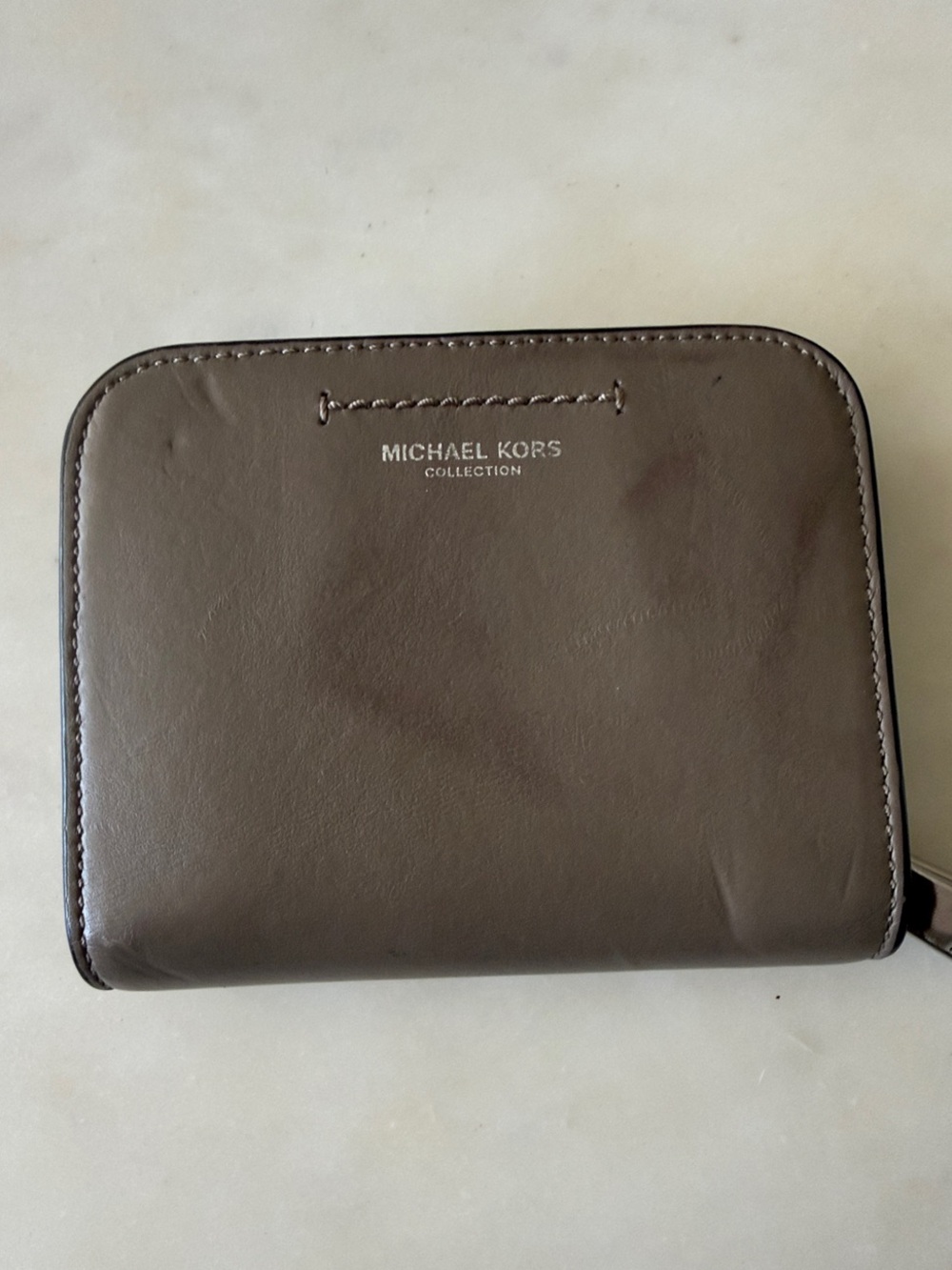 Michael Kors Collection Taupe Leather Zip Card & Key Pouch